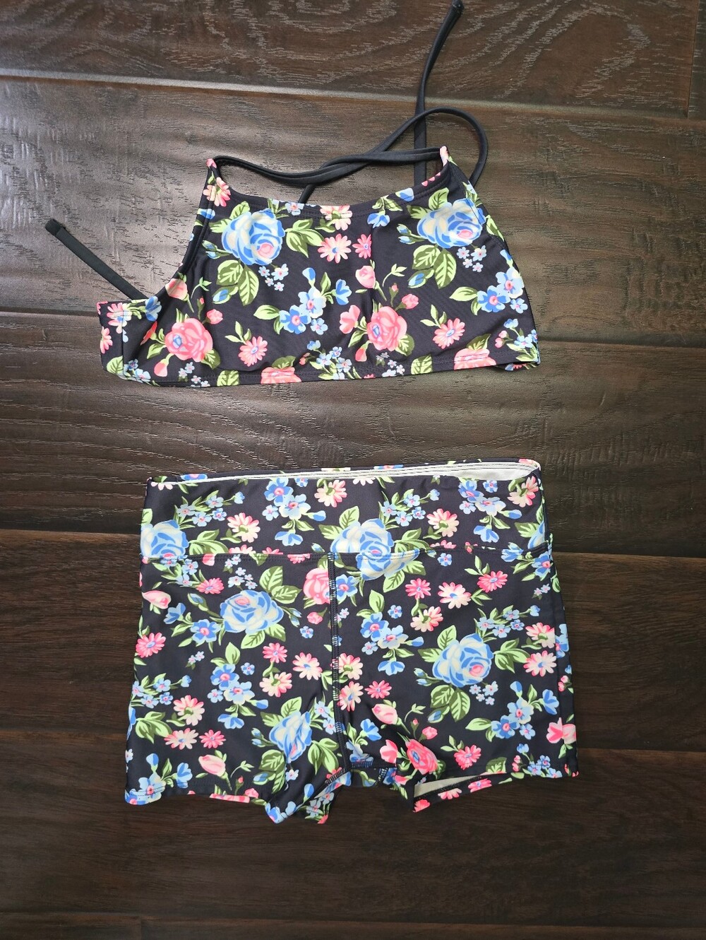 Art Class Girls Black Floral Bike Short 2 piece Swimsuit Large